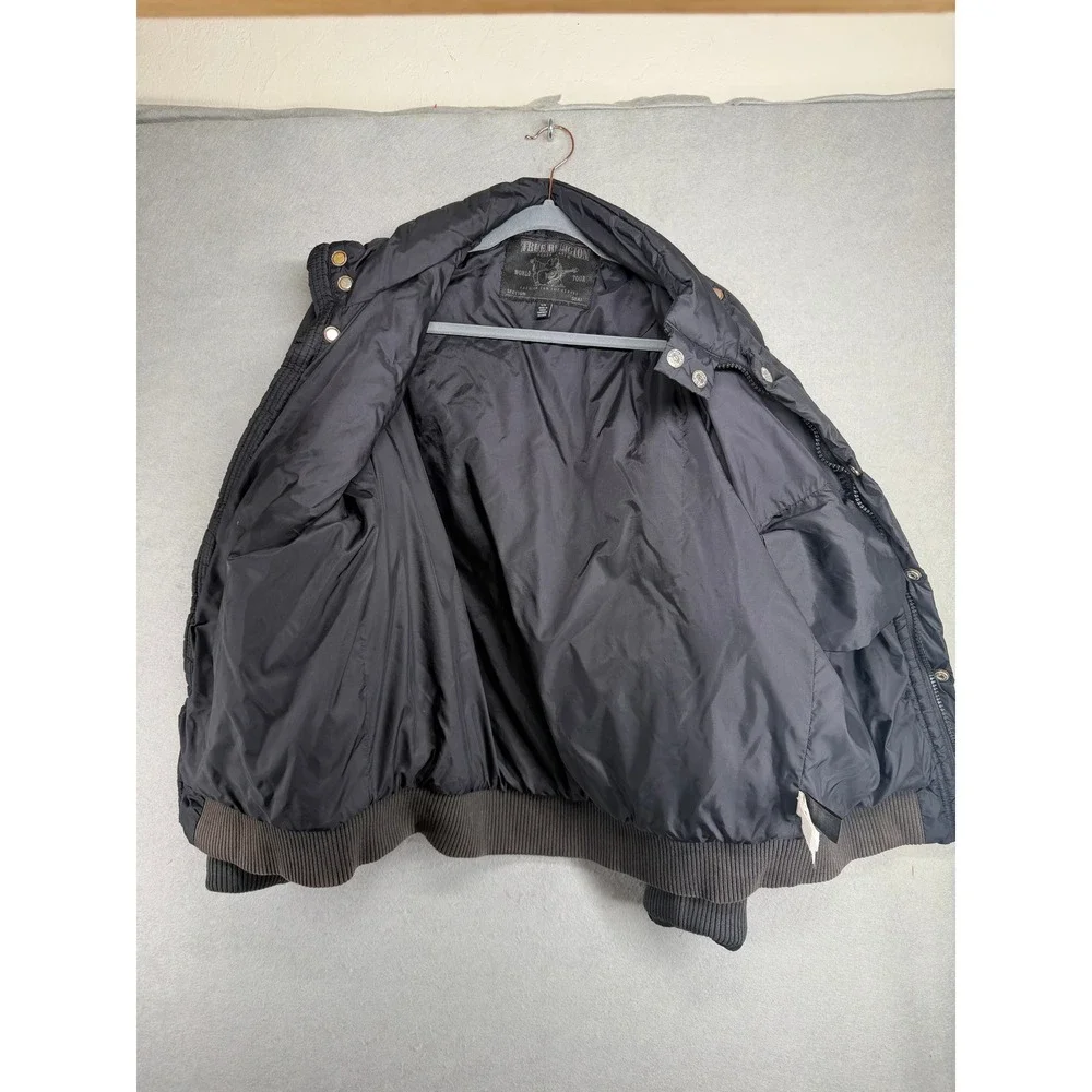 True Religion Y2K Mens Black Quilted Puffer Bomber Jacket Size Large w tear flaw